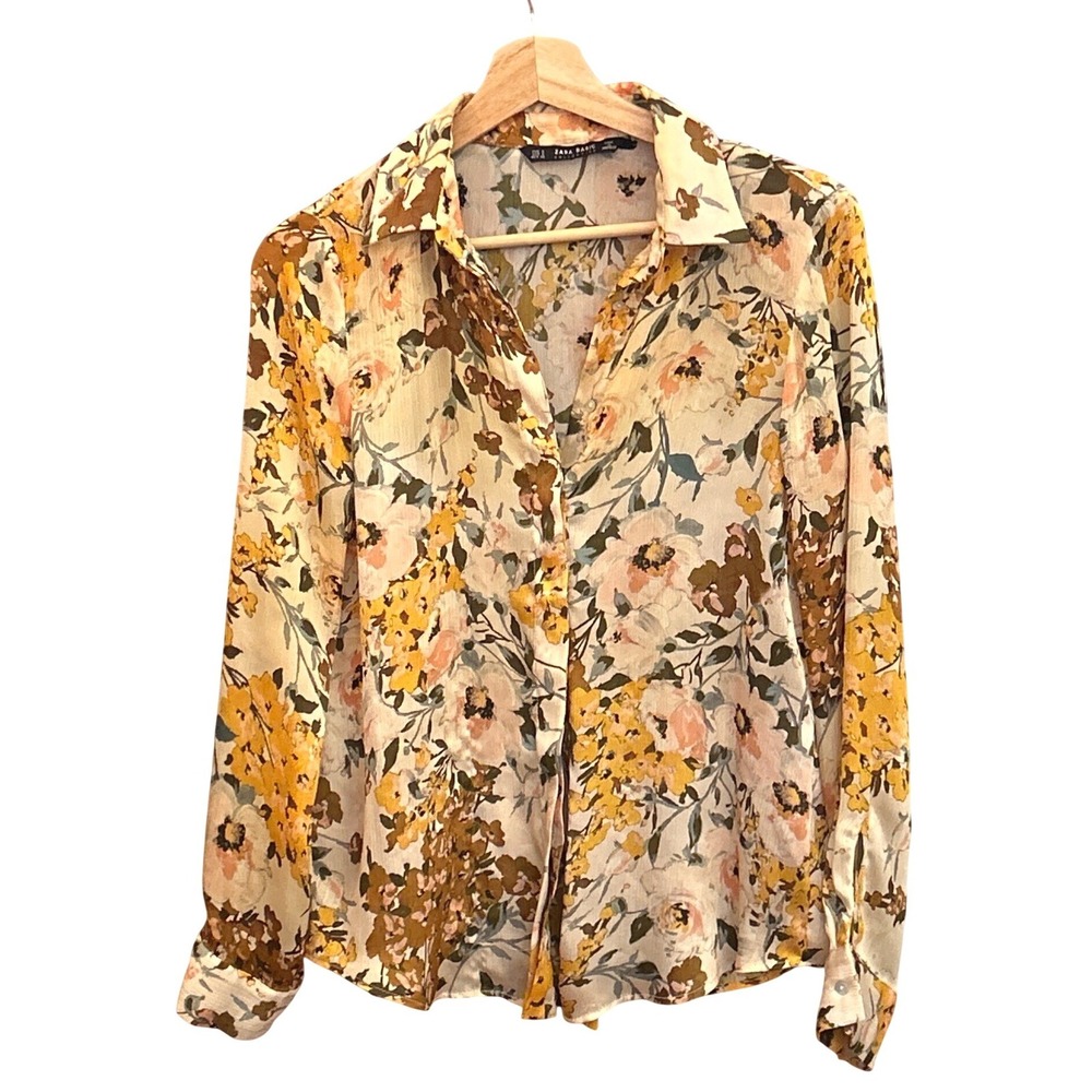 Zara Floral Blouse Neutral Cottagecore Fall Button Front Lightweight Top